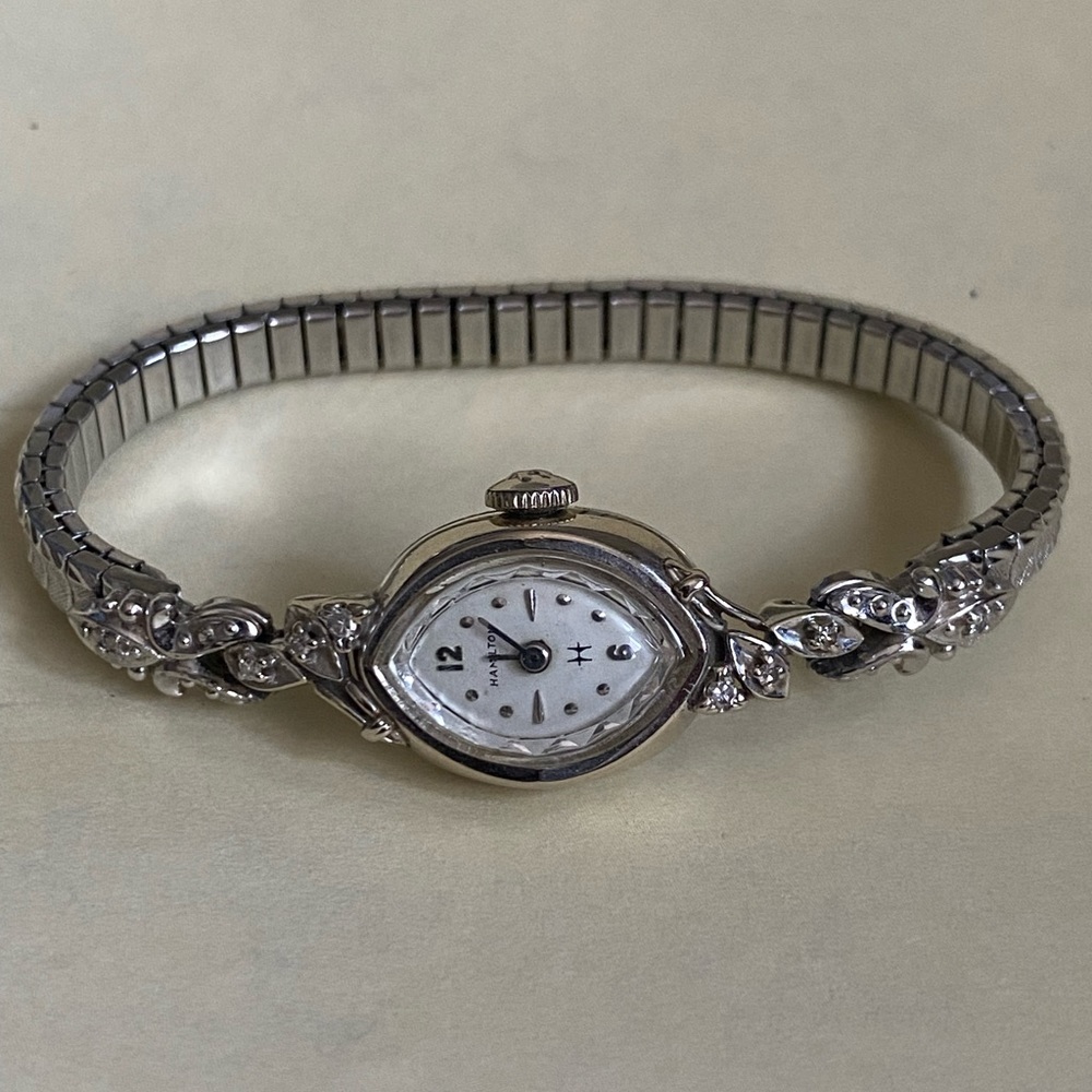 Rare Hamilton 1960’s Solid 10k White GoldCase 6 Diamonds Wristwatch. Runs!!